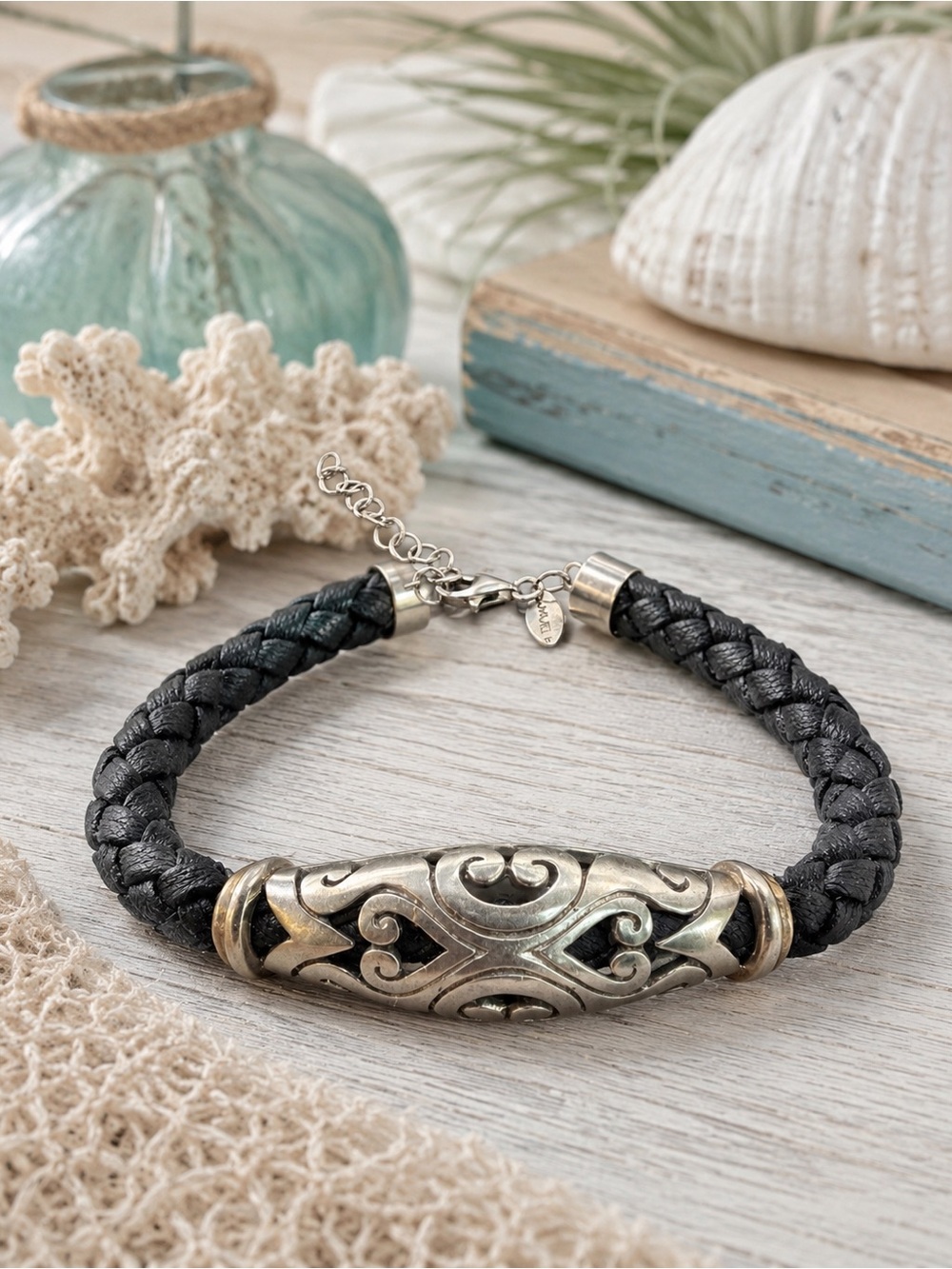 SAMUEL B COLLECTION STERLING SILVER BALINESE SCROLLWORK BRAIDED LEATHER BRACELET